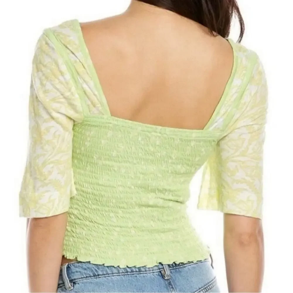 Free People Marigold Top in Key Lime Combo Smocked half Sleeve Cropped top green